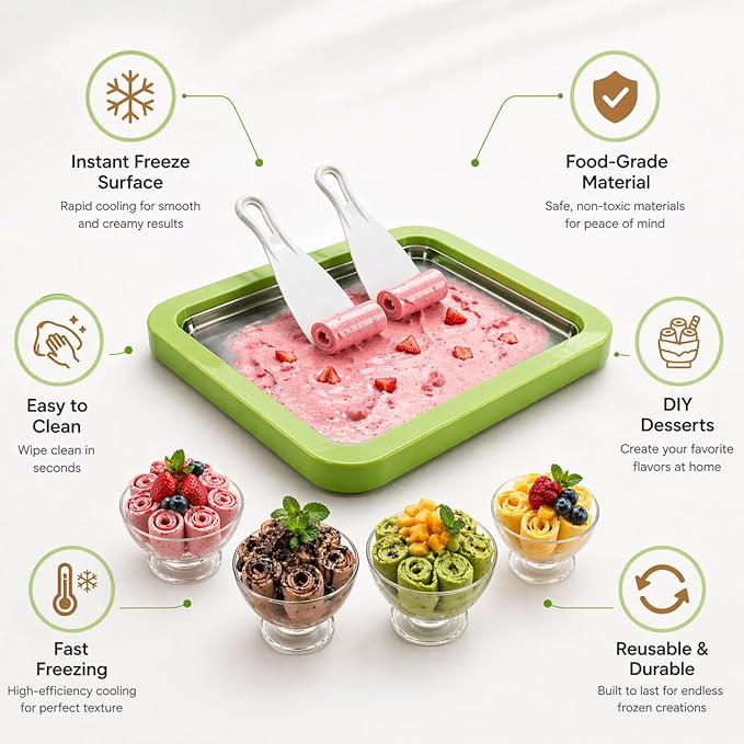 Ice Cream Roller Maker, At Home Rolled Ice Cream Maker Machine, Dairy Free & Frozen Yogurt Maker, Electric Free Countertop Ice Cream Machine with Spade for Rolls, Sorbet & Frozen Yogurt (Green)