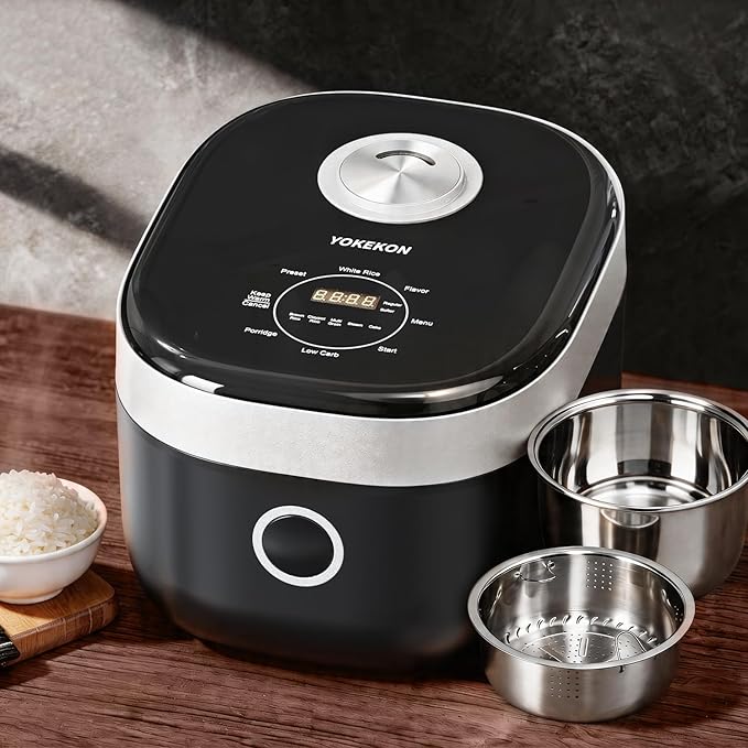 YOKEKON Rice Cooker Stainless Steel Inner Pot PFAS-Free Dishwasher Safe, Low Carb & Low Sugar Large Rice Cookers 8 Cup with Steamer Basket, 24H Delay Timer and Auto Keep Warm Feature,Black