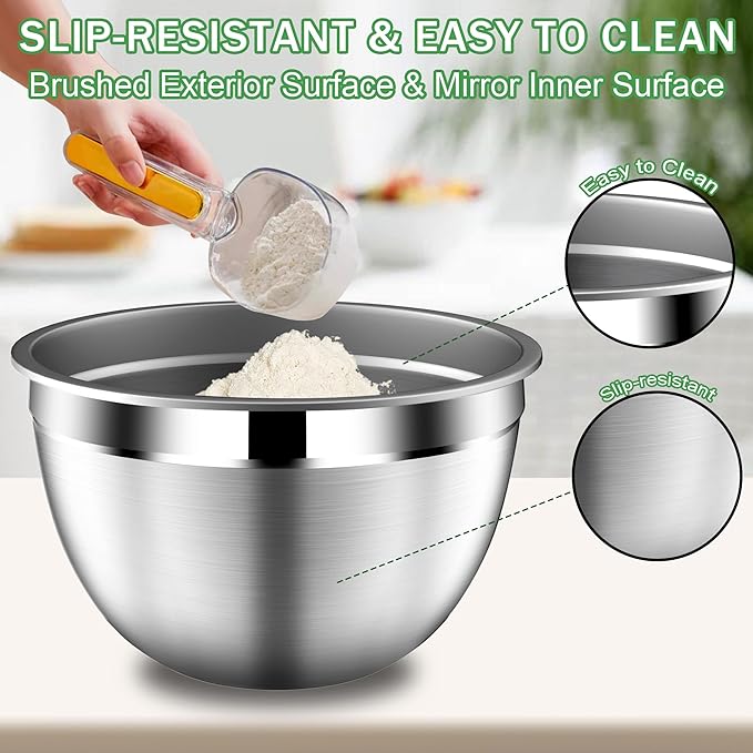 DUTZUN Mixing Bowls with Lids Set, Stainless Steel Mixing Bowls with Colander, Strainer with Mixing Bowl Set, Serving Bowl Kitchen Gift, Size 4.5, 2.5, 2, 1.5QT - Black