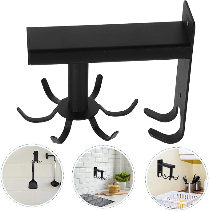 PRETYZOOM Wall Mounted Rotating Kitchen Utensil Hooks Rack, Black 6-Hook Organizer for Cooking Utensils, Space-Saving Hanging Holder for Kitchen and Bathroom Storage