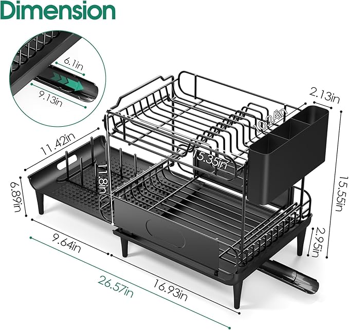 Urackify Dish Drying Rack for Kitchen Counter, Expandable 2 Tier Dish Rack, Large Capacity Dish Drainer with Drainboard Multifunctional Dish Strainer with Removable Cutlery Holder Black