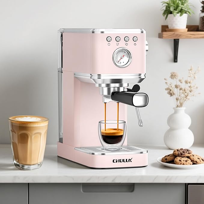 CHULUX Slim Espresso Machine with Milk Frother, 20 Bar Professional Italian Pump Espresso Coffee Machine for Home Cappuccino & Latte Maker, Stainless Steel, Pink