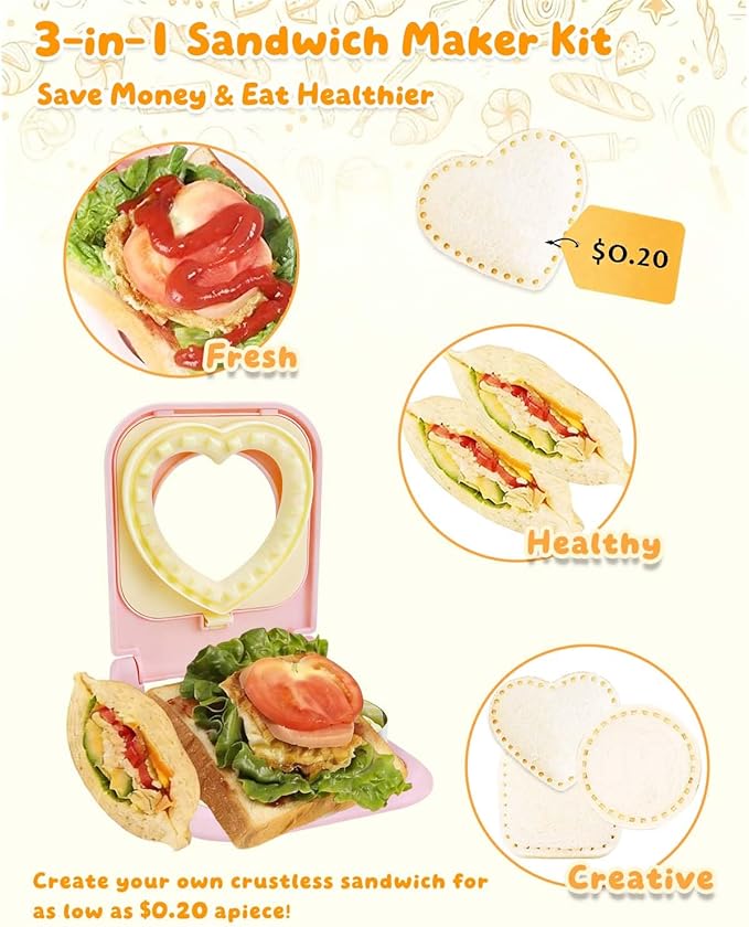 3-in-1 Uncrustable Sandwich Maker - Heart/Circle/Square Crustless Sandwich Cutter & Sealer for Kids' Lunch, Breakfast & Lunchboxes | BPA-Free Uncrustable Press, Easy Clean (3-Shape Pink)