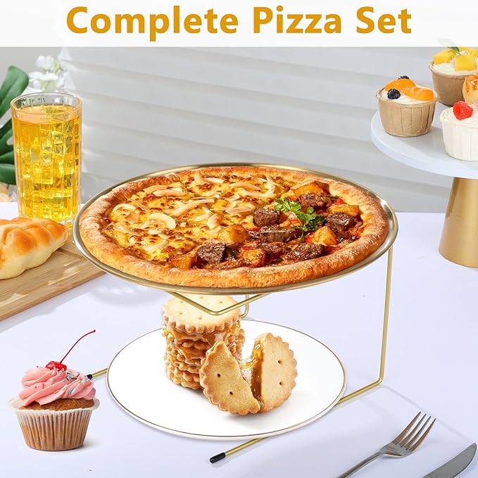 12 Pcs Pizza Pan Riser Stands Sets Includes 4 Metal Pizza Table Stands 4 Pizza Pan and 4 Wood Handle Pie Server, Pizza Rack Stand Pizza Tray for Pizza Dessert Cheese (Gold)