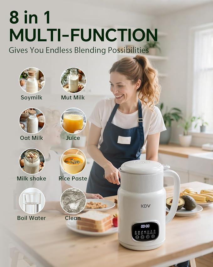KDV 8-in-1 Nut Milk Maker, 32oz Automatic Plant Milk Machine with Delay Start, Soy Almond Oat Milk Stainless Steel Blender