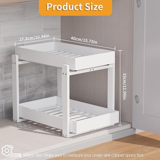 Bamboo Wood Under Sink Organizer 2 Pack, Pull Out Cabinet Organizer 2 Tier Under Sink Organizers and Storage with Sliding Drawer Sturdy Easy Assembly for Kitchen Bathroom (White)