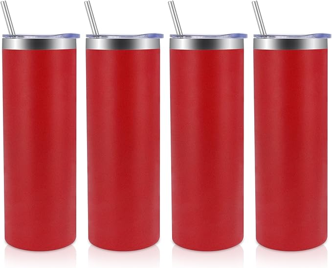 Volhoply 4 Pack Skinny Tumblers with Lid and Straw, 20oz Stainless Steel Straight Tumbler Bulk, Vacuum Insulated Coffee Mug for Home, Office, Travel, DIY (Red,4 Pack)