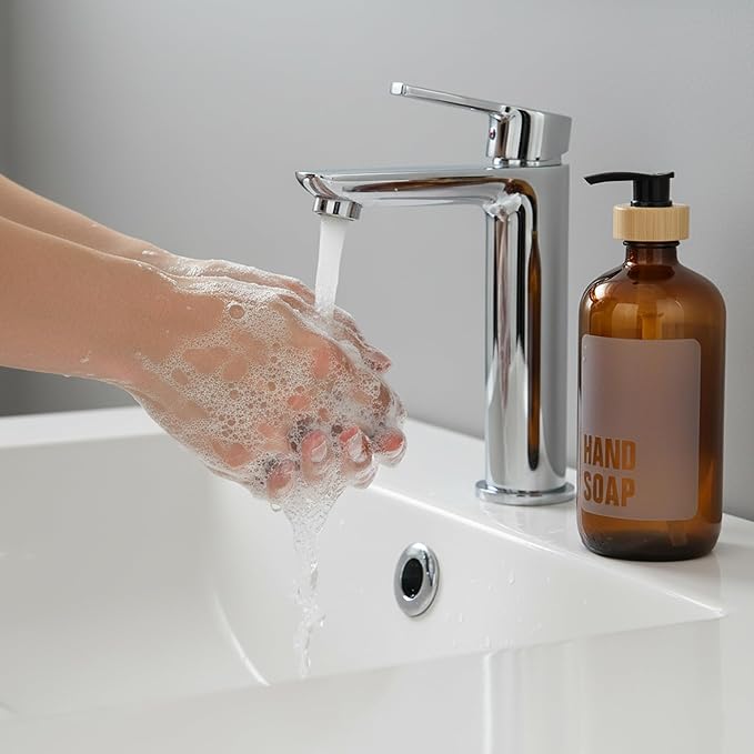 SAVVY & SORTED Amber Glass Hand Soap Dispenser for Bathroom, Kitchen Hand Soap Bottle with Label, Refillable Glass Bottle for Liquid Wash, Matching Dish Soap Dispenser Available, 17 Fl Oz / 500 ml