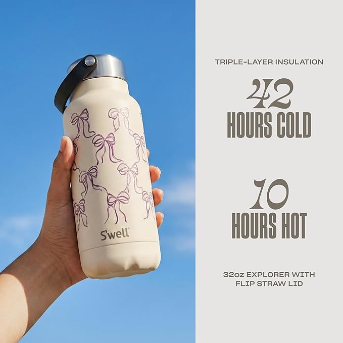 S'well Recycled Stainless Steel Explorer with Flip Straw Lid, 32oz, Limited Edition Lunar Grey Bows, Triple Layered Vacuum Insulated Containers Keeps Drinks Cold for 42 Hours and Hot for 10
