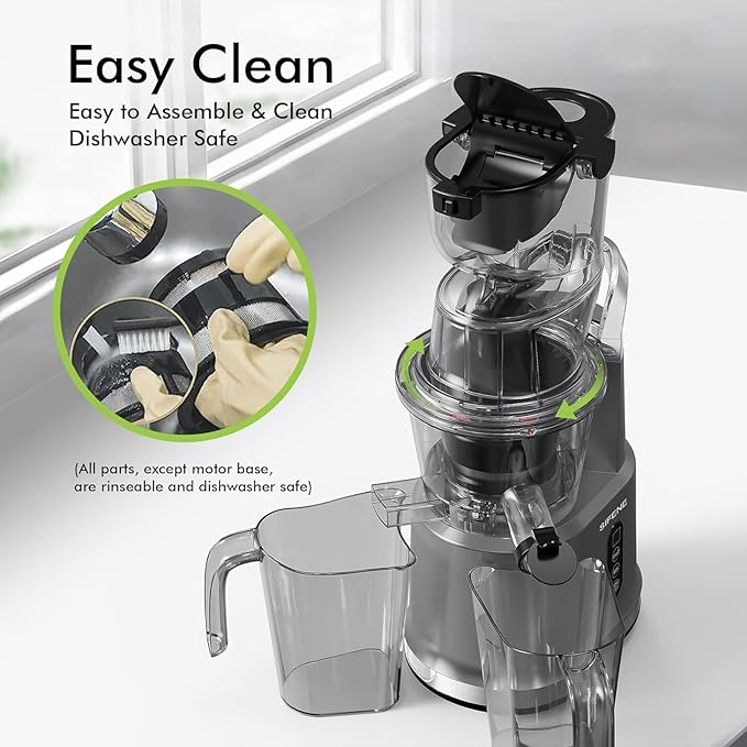 SIFENE Cold Press Juicer Machine,4.3 Inch(110mm) Wide Mouth Juice Extractor for Whole Fruits&Vegetables,BPA-Free,Easy to Clean,Quiet Masticating Juicer,Safety Lock,Dishwasher Safe,800ml Capacity(Grey)