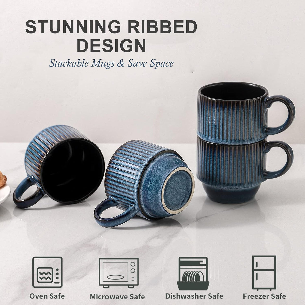 Hasense Navy Coffee Mugs Porcelain Set of 4 with Rack - 12 oz Stackable Coffee Cups Ceramic, Modern Ribbed Latte Cup Sets for Cappuccino, Tea, Espresso, Hot Cocoa, Drinks - Dishwasher & Microwave Safe