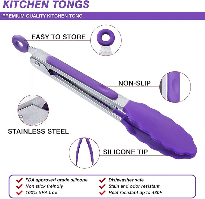 MSY BIGSUNNY Kitchen Food Tongs - 7" Mini Silicone Serving Tongs - Set of 3 (Purple)
