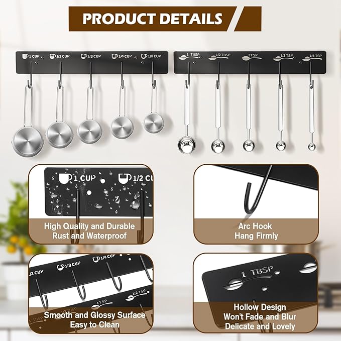 2 Pack Measuring Cups and Spoons Hanging Rack, Black Hanging Cups and Spoons Rack, Space Saving Kitchen Utensil Holder, Including Screw and Adhesive Mounting