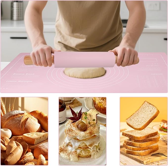 3Pcs Silicone Rolling Pin for Baking Sets,15Inch Pastry Dough Roller with Wooden Handle Silicone Mat and Brush, Non Stick Surface Rolling Pins for Dough Cookie Baking Supplies Kitchen Accessories