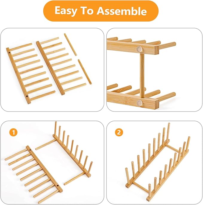 HBlife Heighten and Widen Bamboo Dish Dying Rack Pot Lid Plate Organizer Holder for Cabinet, Cutting Board Stand Drainer Storage Plate Rack for Dish, Pot Lid, Bowl, Cup, Cutting Board and Books