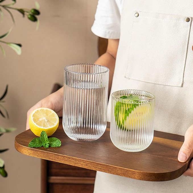 Ribbed Drinking Glasses 8pcs, Rocks Drinking Glasses 12oz and 10oz, Tumbler Glasses Cup Set for Wedding, Party, Christmas Gift, Clear