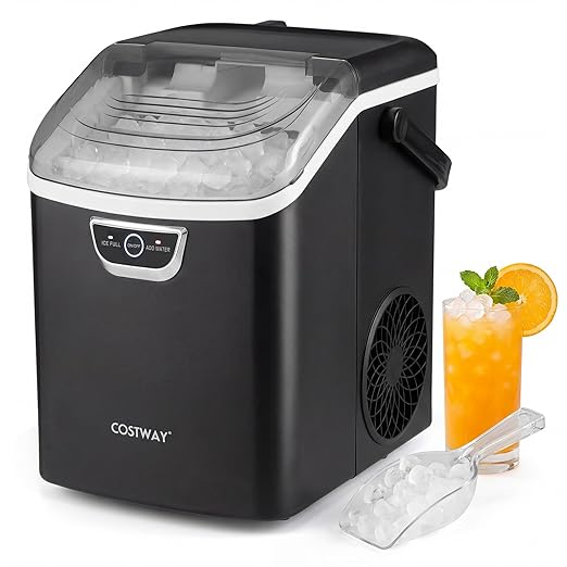COSTWAY Nugget Ice Maker Countertop with Handle, 33 Lbs/24H Soft Chewable Ice, Ready in 6 Mins, Auto-Cleaning, Audible Ice Full Alarm, Portable Sonic Ice Machine for Home Kitchen Office, Black