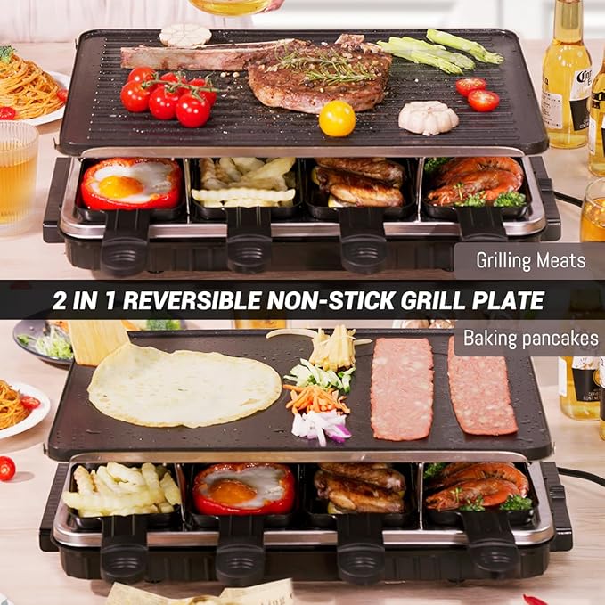 VNIMTI Raclette Table Grill, Electric Indoor Korean Barbecue Grill, Portable BBQ Tabletop Griddle, 2 in 1 Reversible Non-stick Plate, 1300W Fast Heating Crepe Maker with 8 Square Raclette Cheese Pans