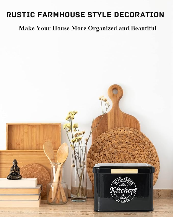 Dishwasher Pod Container with Hinged Lid. Farmhouse Metal Dishwaser Pods Holder for Kitchen Cabinet Organizer. Modern Kitchen Decor and Accessories. Dishwasher Detergent Tablet Storage (Black)