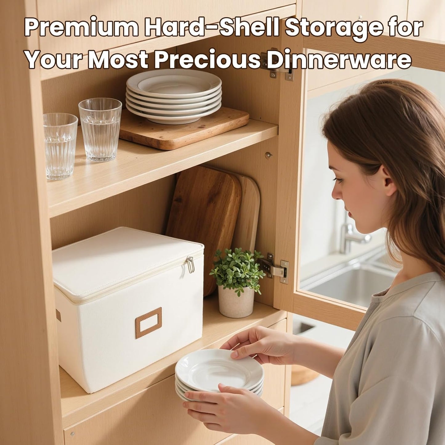 HOMELUX THEORY Plate Storage Box, 2pc 10"x8" Ivory Hard Shell China Storage Containers, Kitchen Storage Bins With Lids, Heavy Duty Moving Box with Handles for Dishes, Dinner Plate & Dinnerware
