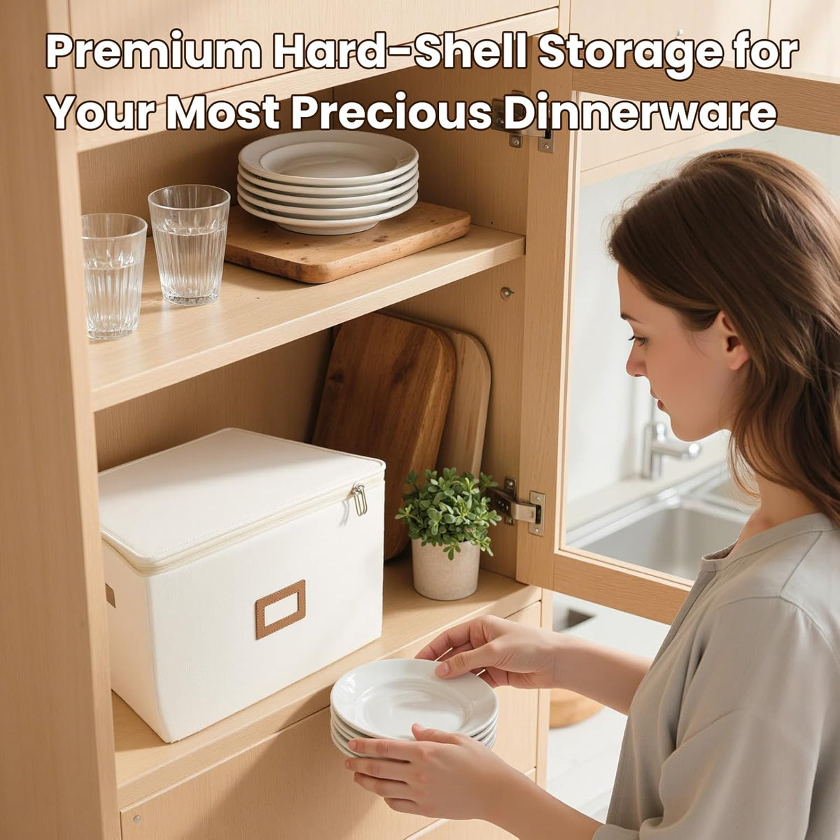 HOMELUX THEORY Hard Shell China Storage Containers, 5pc Ivory Mug & Plate Storage Box, Kitchen Storage Bins With Lids, Heavy Duty Moving Box with Handles for Dishes, Glassware, Stemware, Cup & Mug