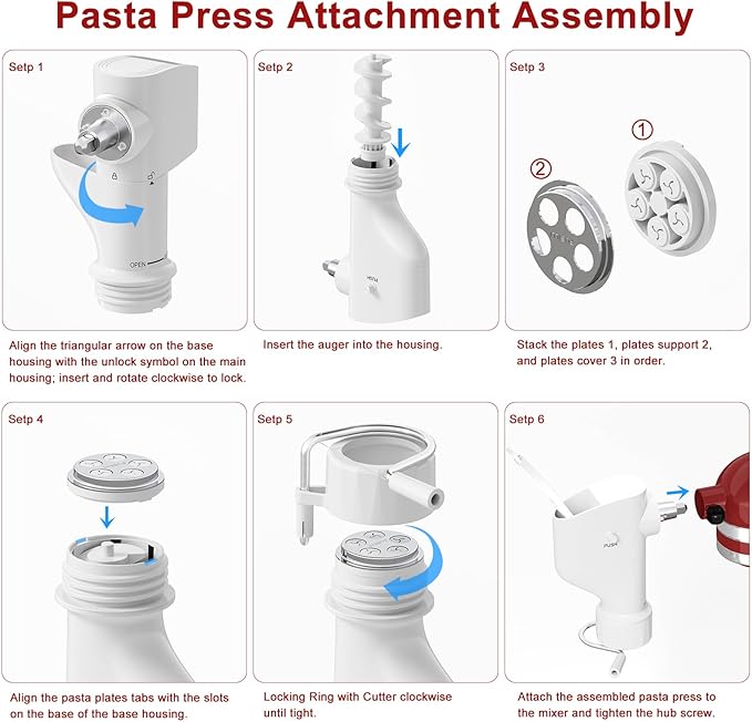 Gourmet Pasta Press Attachment for Kitchenai Stand Mixer, Pasta Maker Attachment with 7 Interchangeable Plates, Pasta Extruder Attachment for Spaghetti Bucatini Fusilli l Macaroni (Standard)