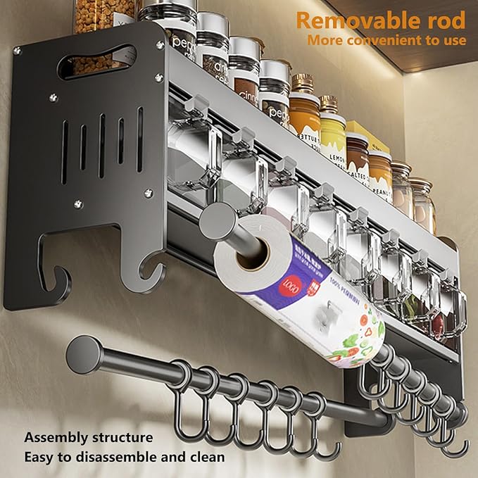 Hanging Wall Mount knife Wall Mount,Condiment Cup, Space-Saving Knife Rack with Hooks, Kitchen Organizer Storage Shelf for Utensils Spatula Spoon, Kitchen Utensil Hanger (Black, 48cm+6Cups+10Hooks)