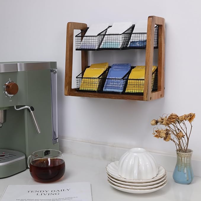 HTB 2 Tier Tea Organizer for Tea Bags, Tea Bag Holder with Acacia Wood Stand and 6 Removable Metal Basket for Sugar Packets, Sweeteners, Creamers for Cabinet, Countertop or Wall-mounted