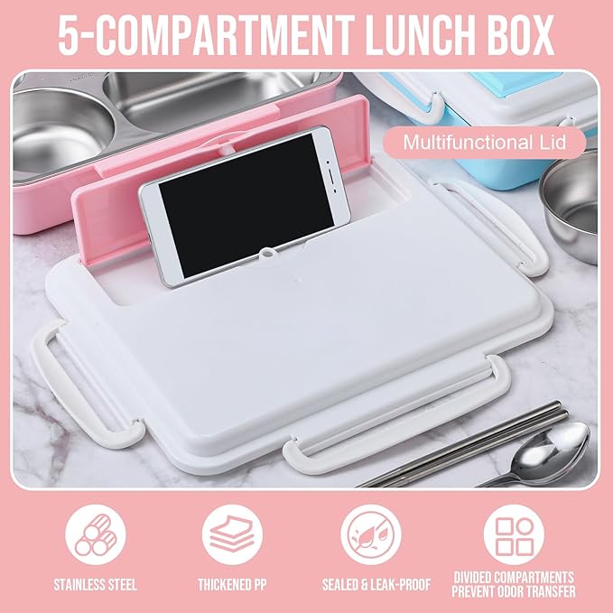 2 Sets Stainless Steel Lunch Bento Box for Adult 2.0 L Leakproof 5 Compartment Metal Bento Box with Bag 8 oz Soup Bowl with Utensils for Office, Travel(Pink, Blue)