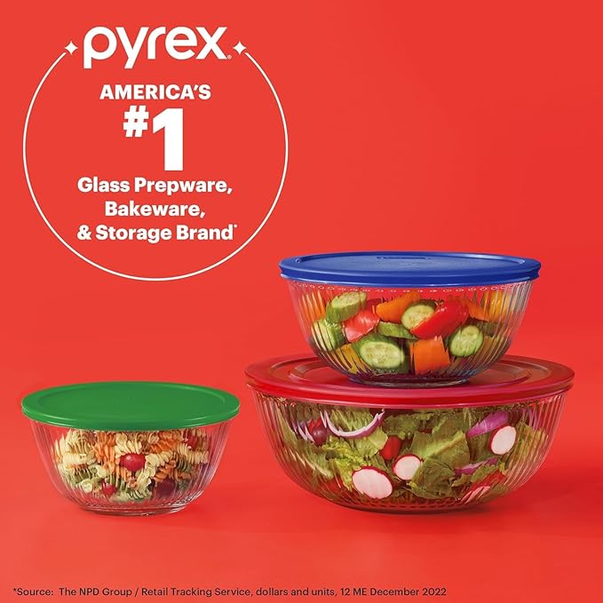 Pyrex Sculpted (3-Pack) Glass Mixing Bowls Set With Plastic Lids For Prepping, Baking and Cooking, Preheated Oven, Dishwasher, Freezer, and Microwave Safe