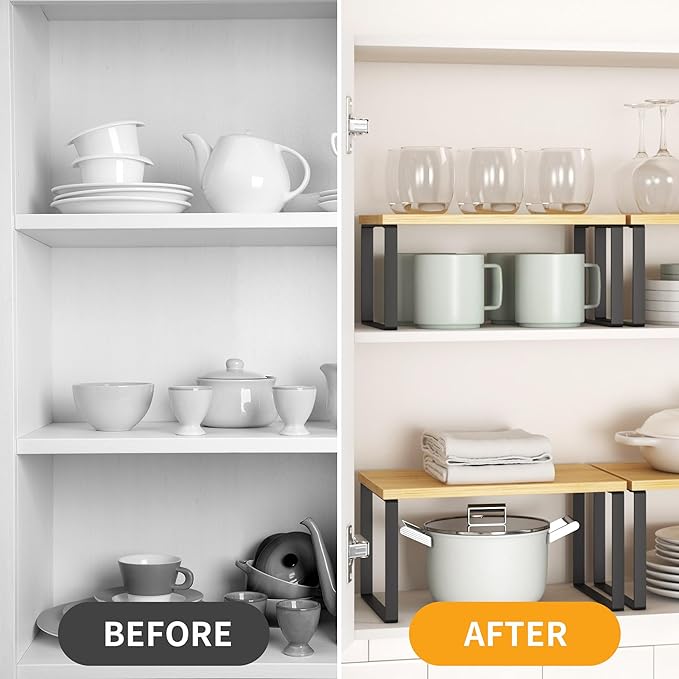 Kitchen Cabinet Organizer Shelf Set of 4, Sturdy Kitchen Counter Shelves with Metal Legs, Stackable Expandable Wood Spice Rack Pantry Cupboard Dish Mug Cup Storage Organizer Shelf,Black+Bamboo