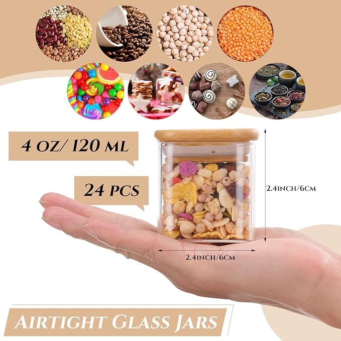Nuenen Set of 24 Airtight Square Spice Containers 4 oz Glass Spice Jars with Bamboo Lid Small Seasoning Jars Empty Food Storage Containers for Pantry Clear Food Canisters for Kitchen Sugar Coffee