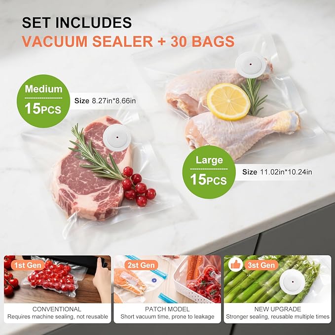 Compact Vacuum Sealer Machine for Food Storage, 5S Fast Seal Powerful Food Vacuum Sealer with 30PCS Reusable Vacuum Bags, Automatic Handheld Food Saver for Storage, 10X Fresh, Sous Vide, Gift etc.