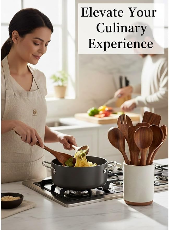 Natural Teak Wood Kitchen Utensil Set - 10 Piece Non-Stick Cooking Spoons & Spatulas, Heat Resistant & Eco-Friendly, Durable Wooden Tools for Nonstick Cookware