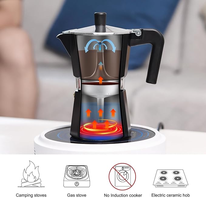 Sivaphe Aluminum Moka Pot 12 Espresso Cups, Percolator Espresso and Coffee Maker, Portable Stovetop Italian and Cuban Café Brewer for Home and Camping Black
