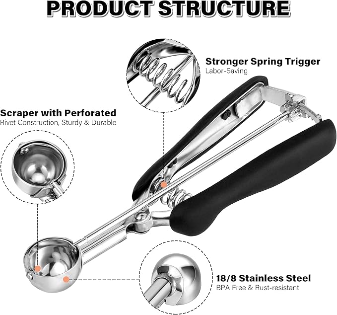 Small Cookie Scoop 2 tsp for Baking, Professional Stainless Steel Mini Ice Cream Scoop 30mm, Cookie Dough Scooper Meatball Scoop, Good Soft Grips, Quick Trigger Release, 10ml (2 Teaspoon)