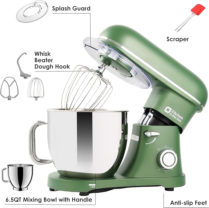 Kitchen in the box Stand Mixer - 6.5 Quart Mixing Bowl with Handle, 900 Watt Heavy Bread Dough Standing Mixers Tilt-head with Dough Hook, Whisk, Flat Beater and Splash Guard (Green)