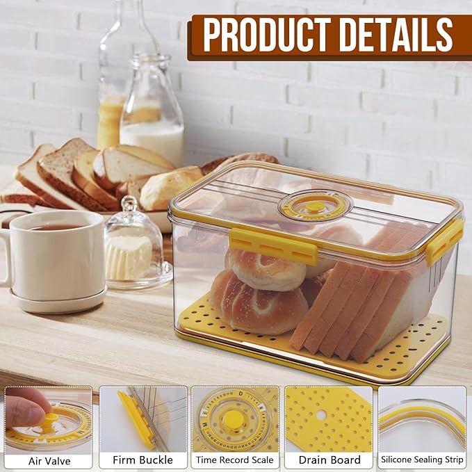 Gifhomfix Bread Box Airtight Bread Boxes for Kitchen Counter, Time Recording Bread Storage Container with Lid, Bread Holder for Homemade Bread, Toast, Bagel, Donut and Cookies, Yellow