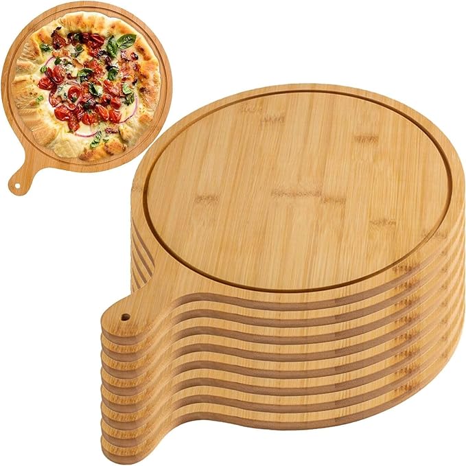 6 Pack Pizza Board Set – Premium Wooden Pizza Plates for Serving & Cutting, Round Bamboo Pizza Plate with Handle, Durable & Lightweight for Home & Restaurant (Up to 13 Inches),11inch
