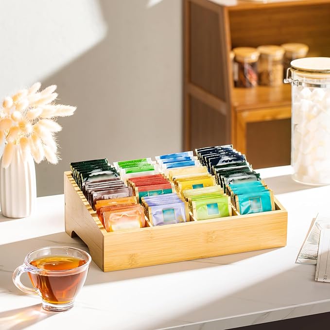 TIMIEEYA Tea Bag Organizer - Bamboo Tea Storage Organizer With 12 Compartments, 1 Layer Tea Organizer for Tea Bags Natural Bamboo for Countertop Office Kitchen Cabinet Pantry