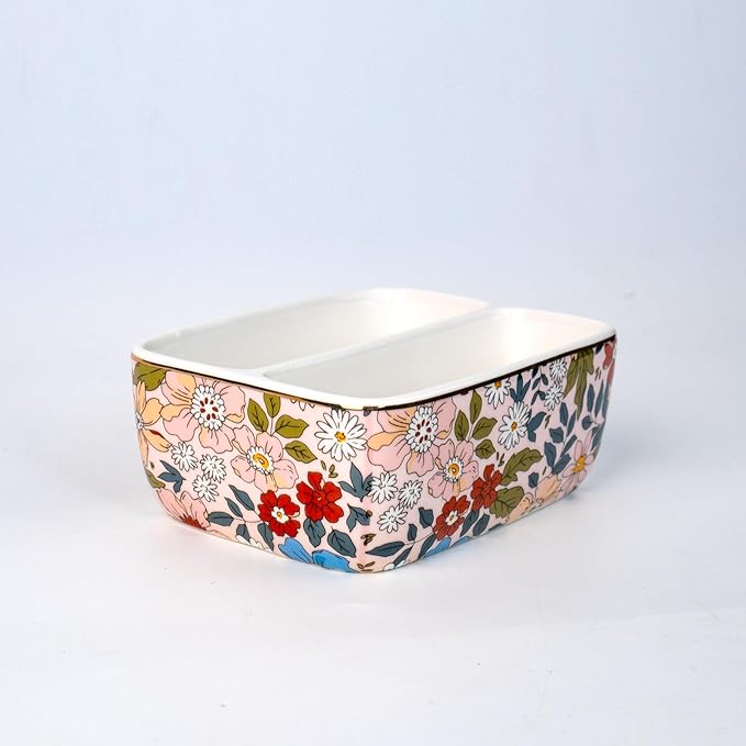 2 Compartments Ceramic Sponge Holder for Kitchen Sink, Cute Floral Pattern Countertop Dish Sponges Holder Soap Sink Organizer Caddy Farmhouse Home Kitchen Decor Vintage Pink Flowers