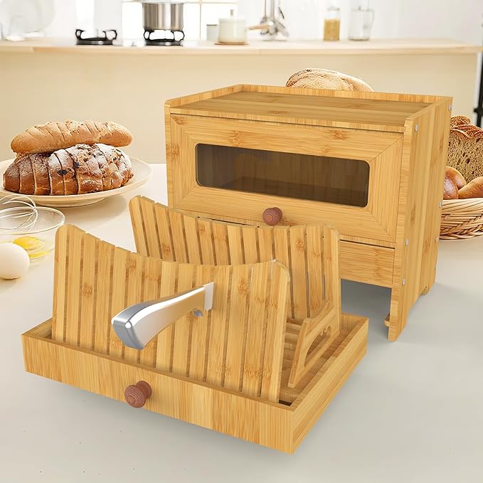 Bamboo Bread Box for Kitchen Countertop & Dining Room,Wooden Storage with Display Compartment & Built-in Bread Slicer,Eco-Friendly Organizer for Homemakers, Bakers & Bread Lovers ﻿