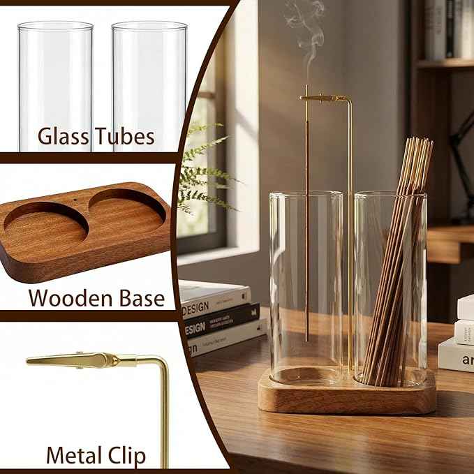 Ceremony Incense Holder, 2 in 1 Wooden Incense Holder for Sticks with 20 Incense Sticks, Anti-ash Incense Burner with Glass Ash Catcher, Wood Incense Holder 20 Stick (2 Glass Rectangle Base)