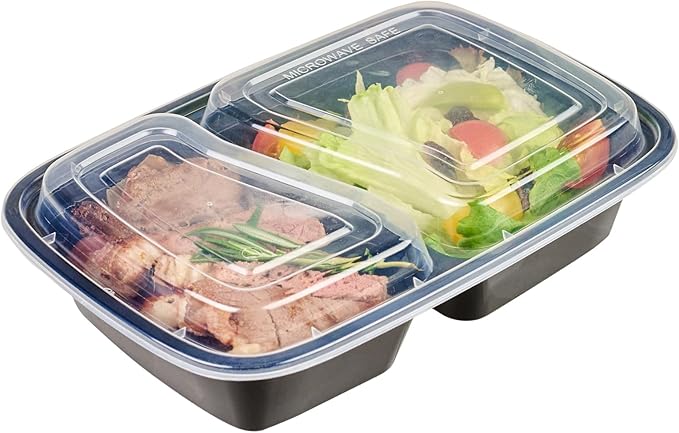 Restaurantware Asporto 32 Ounce Compartment Take Out Boxes 100 Microwavable Meal Prep Containers - 2 Compartments With Clear Plastic Lids Black Plastic Food Containers Do Not Contain BPA