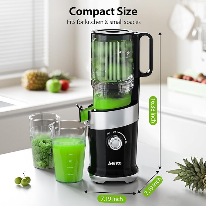 Cold Press Juicer Fits Whole Fruits, Aeitto Masticating Juicer Machines with Wide Feed Chute, Juice Extractor Machine Easy to Clean, High Juice Yield, Easy to Assemble, Self Feeding