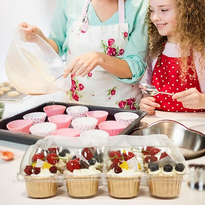 WIKDAY 12 Count x 12 Sets Plastic Cupcake Containers, Durable and BPA-Free Cupcake Holder with Lid for Easy Transport Storage, Stackable Clear Cupcake Carriers, Reusable Dessert Boxes