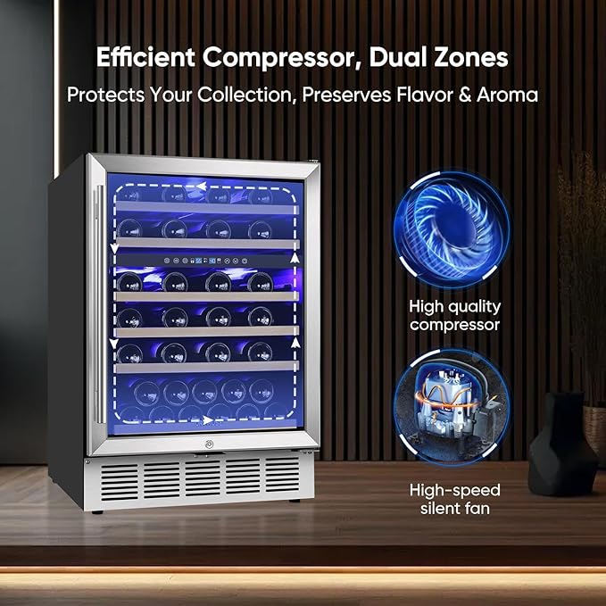 ORYMUSE 24 Inch Wine Cooler Refrigerator, 46 Bottle Dual Zone Wine Fridge with Stainless Steel Glass Door, Adjustable Shelves, Upgraded Compressor, Built-In Freestanding for Home, Bar, Kitchen