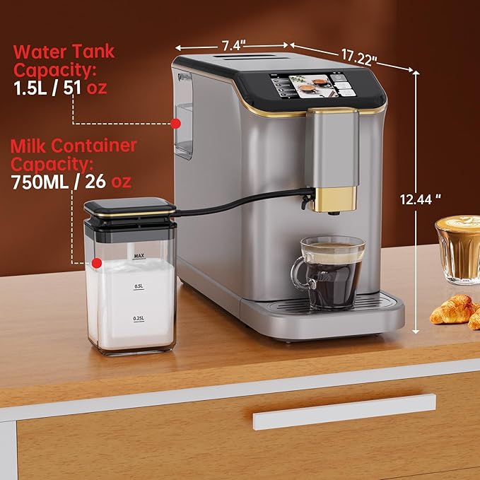 PioneerWorks Full Automatic Espresso Machine with Built-In Grinder & Milk Frother - FTF Touchscreen Coffee Maker for Latte/Cappuccino, 20 Bar Pressur & 1.5L Water Tank, 1350W, Gold