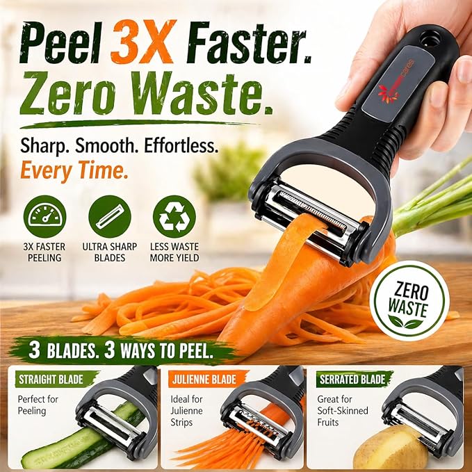 3-in-1 Vegetable Peeler Set – Ultra Sharp Stainless Steel Y Peeler with Julienne Blade, Heavy Duty Kitchen Tool