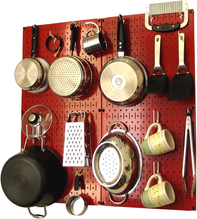 Wall Control Kitchen Pegboard Organizer Pots and Pans Storage Rack Organization Kit with Red Pegboard and White Accessories